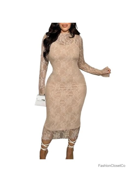 Dresses & Skirts - Womens Floral Lace Bodycon Midi Dress Set Long Sleeve Mesh Club Party 2 Piece